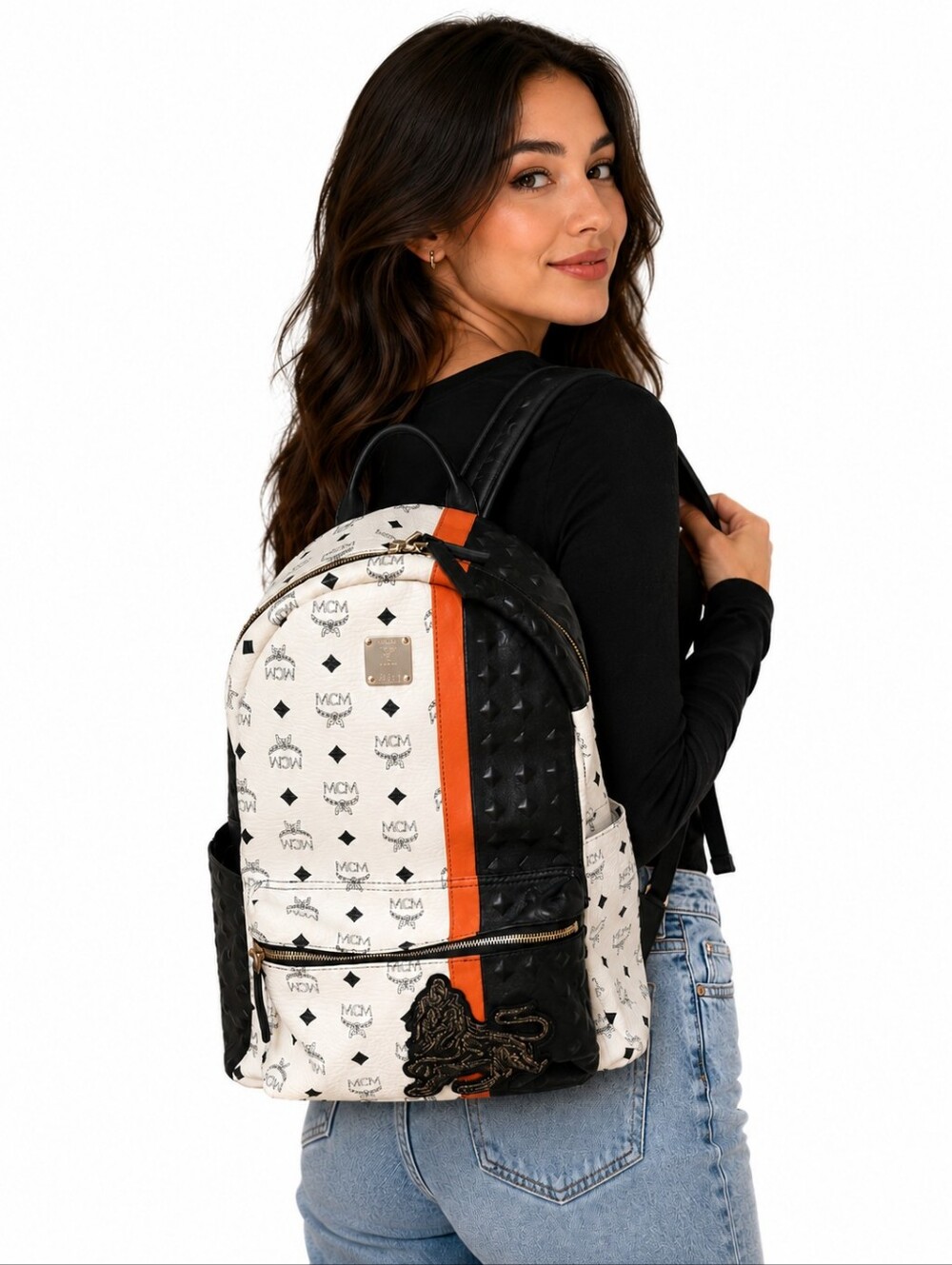MCM Stark Visetos Large Backpack White Black Leather Trim Cognac Stripe